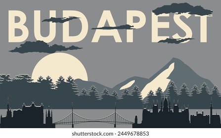 Poster of sunset - sunrise of dark blue panorama of city of Budapest with blue background with natural beauties and inscription of the name of the city