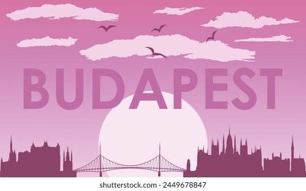 Poster des Sonnenuntergangs - Sonnenaufgang von dunkelviolettem Panorama der Stadt Budapest mit lila Hintergrund mit natürlichen Schönheiten und Inschrift des Namens der Stadt