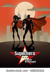 Poster. Superhero Couple: Male And Female Superheroes, Posing In Front Of A Light. City Background.