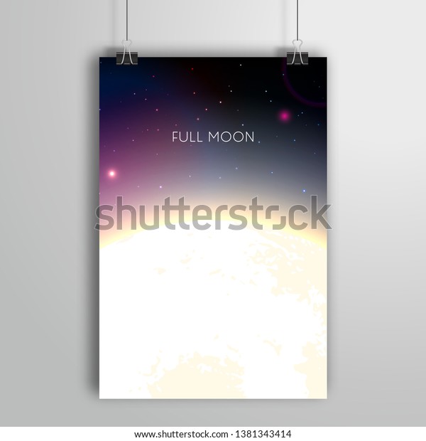 Poster with the surface of the glowing\
moon against the background of space and\
stars