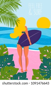Poster with surfer girl with longboard on the beach. Beach lifestyle poster in retro style. Flat illustration