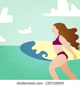 Poster with surfer girl with surfboard running to ocean. Beach and surfings design for poster, t-shirt or cards. Summer time season holiday vacation concept. Vector illustration modern trendy style