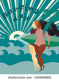 Poster with surfer girls with surfboard on the beach. Pretty black girl. International Surfing Day. Beach summer surfing design in blue and turquoise color. Flat illustration.