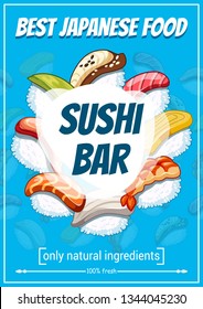 Poster for sushi bar or restaurant. Vector seafood with rice in raw condition, salmon and tuna, perch and cucumber, eel and avocado and tofu cheese. Japanese food
