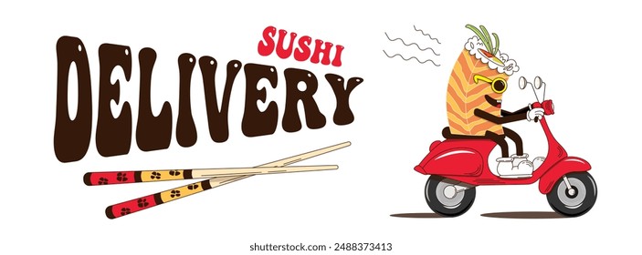 Póster de entrega de sushi, rollos con un personaje interesante en forma de un rollo en una moto. Entrega de rollos, sushi. Personajes estupendos para un restaurante, bar, cafetería.