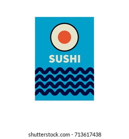 Poster sushi in shape of sun over sea. Vector illustration