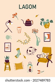 Poster with Swedish lettering and cozy home stuffs like pillow, plants, furniture, lights, candle. Concept of Scandinavian lifestyle. Hand drawn vector illustration set for cards, posters, stickers.