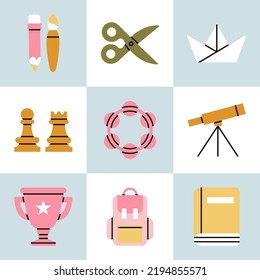 Poster with symbols of school and education in colorful design. Equipment for different lessons - arts, music, astronomy, science, sport. Icons, highlights. Hand drawn vector illustration.