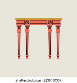 Poster with a table. Antique furniture, Renaissance style. For museum and palace interiors. Room decoration. Hand draw vector illustration isolated on colorful background.