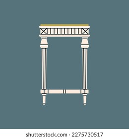 Poster with a table. Antique furniture, Renaissance style. For museum and palace interiors. Room decoration. Hand draw vector illustration isolated on colorful background.