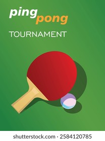 Poster table tennis on a green background. Red racket and ping pong ball. Vector graphics table tennis tournament