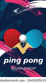 Poster table tennis tournament, flat style, abstract background brush strokes. Sports hobby, ping pong rackets, ball, competition, activity, tennis sport club