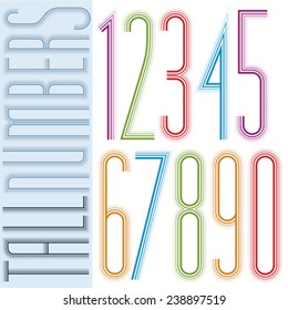 Poster tall colorful striped numbers on white background.