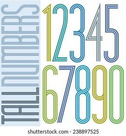 Poster tall colorful striped numbers with equal triple lines on white background.
