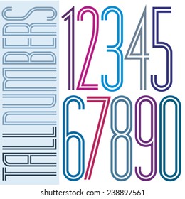 Poster tall colorful striped numbers with double equal lines on white background.