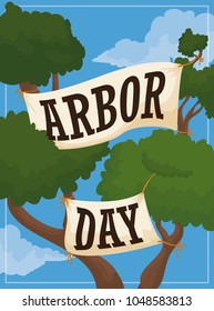 Poster with tall tree branches that reach the clouds with greeting signs commemorating Arbor Day.