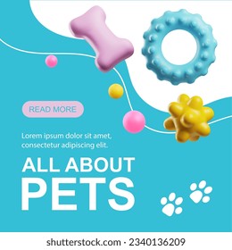 Poster tamplate with 3d rendering pet store toys and accessories. Cat and dog cute advertising entertaining shop. Cartoon vector illustration on white and blue background in plastic style