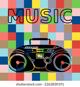 Poster tape recorder and inscription music. Vector illustration. Cassette recorder postcard.