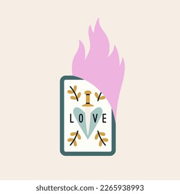 Poster with a tarot card in flame.  Romance, passion and love on fire concept. Hand drawn vector illustration in nice colors. For social media, web and typographic design. Saint Valentine's Day.