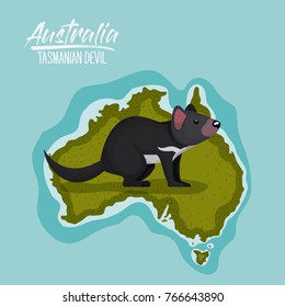 poster tasmanian devil in australia map in green surrounded by the ocean