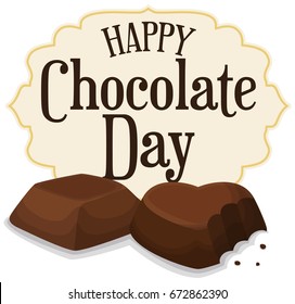 Poster with tasty cocoa candies, squared and heart shaped and half bitten, ready to celebrate a happy and delicious Chocolate Day.