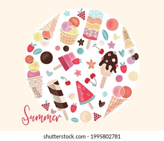 Poster of tasty sweet food. Summer party. Flat Vector illustration of healthy food Ice cream in a waffle cup, popsicles, fruit ice, truck with berries, chocolate. Isolated design on white background.