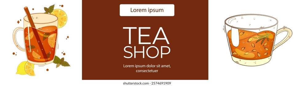 Poster with tea cup, lemon, mint. For poster, card, banner, discount, special offer. Vector illustration EPS10 
