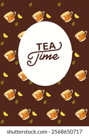 Poster with tea cup pattern, lemon, mint, lettering. For poster, card, banner, discount, special offer. Vector illustration EPS10 
