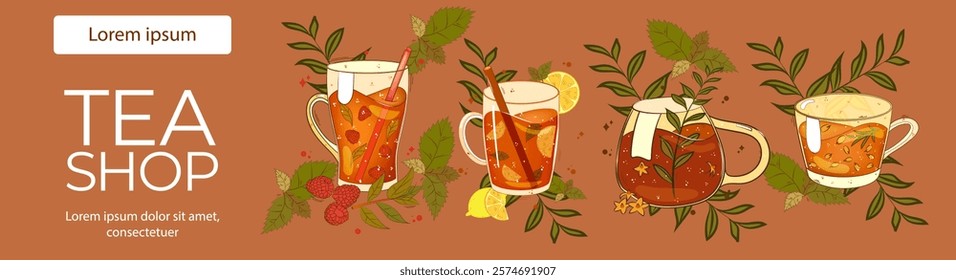 Poster with tea mug, flovers, herbs. For poster, card, banner, discount, special offer. Vector illustration EPS10 
