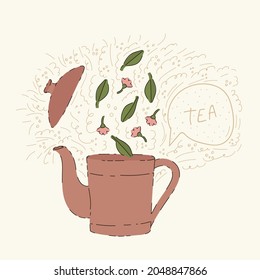 A poster for a tea party. Hand-drawn tea time. Vector illustration of a teapot with tea leaves. In the circle of the doodle pattern. Vector illustration