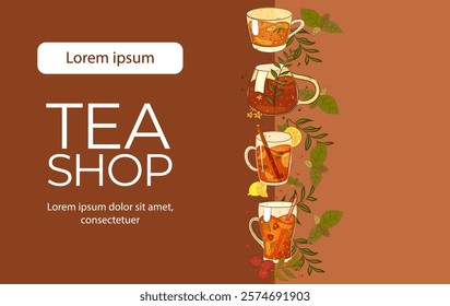 Cartel con tetera, vidas, limones, bayas. Para el cartel, tarjeta, Anuncio, descuento, oferta especial. Ilustración vectorial EPS10 
