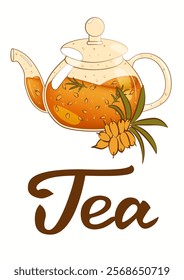 Poster with tea pot, sea buckthorn, lettering. For poster, card, banner, discount, special offer. Vector illustration EPS10 
