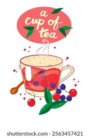 Poster with tea, teacup and barries. For poster, card, banner, discount, special offer. Vector illustration EPS10 
