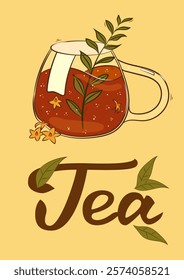 Poster with tea, teacup, herbal tea. For poster, card, banner, discount, special offer. Vector illustration EPS10 
