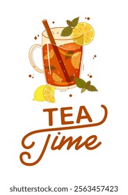 Poster with tea, teacup, mint, lemon. For poster, card, banner, discount, special offer. Vector illustration EPS10 
