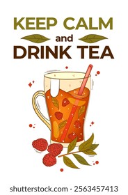 Poster with tea, teacup and raspberry. For poster, card, banner, discount, special offer. Vector illustration EPS10 
