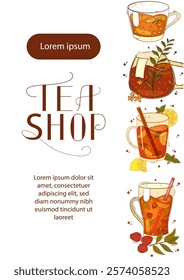 Poster with tea, teacups, fruits, herbal . For poster, card, banner, discount, special offer. Vector illustration EPS10 
