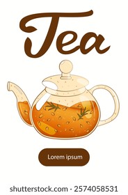 Poster with tea, teapot, sea buckthorn, lettering. For poster, card, banner, discount, special offer. Vector illustration EPS10 
