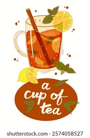 Poster with tea, teapot, teacup, lemon, mint. For poster, card, banner, discount, special offer. Vector illustration EPS10 
