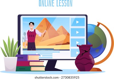 Afiche con un maestro y pirámides en una pantalla de computadora, un jarrón, un globo terráqueo y libros. Lección de historia en línea. Concepto de aprendizaje a distancia e investigación histórica. Vector. Estilo plano de la historieta.