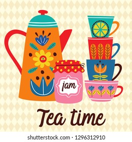 poster with teapot and cups - vector illustration, eps