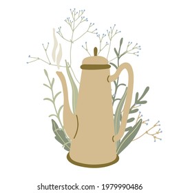 Poster with teapot and herbals . Vector hand drawn illustration isolated on white. Great for posters, packages, kitchen and t-shirt decorating.
