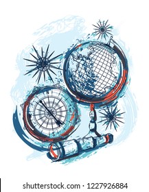 Poster with telescope, vintage globe and compass. Travel symbols on grunge background in watercolor style. Vector illustration