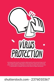 Poster template about protection from the virus, a person who sneezes or coughs. Outline vector silhouette with red nose. Inscription and text. Simple doodle outline style