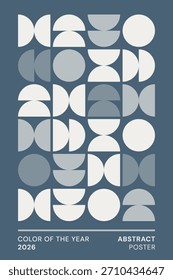 Modelo de cartaz com elementos geométricos abstratos sobre fundo azul. Design vetorial minimalista na moda na cor do ano 2026 matizes