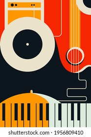 Poster template with abstract musical instruments. Jazz concept art.