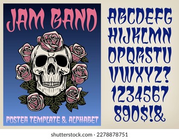 A poster template with accompanying alphabet. Poster style is in the genre of jam band music shows, shirts, album covers, and promotions. Also appropriate for Day of the Dead graphics.