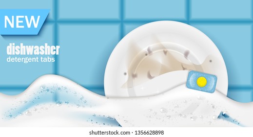 A poster template for an ad for dishwasher tablets, a realistic plate of half clean and realistic soap suds on the background of a kitchen tile.