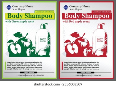 Poster template for advertising body shampoo with red apple and green apple scents. Ready-made vector for body shampoo poster. Each poster is in separate layers and is editable, and is suitable for pl