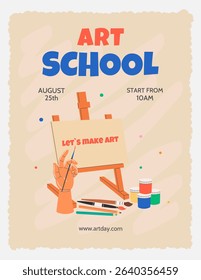 A poster template for art schools, studios, painting courses, and creative workshops. Art supplies for creativity: easel, pencils, paints, brushes. Flat vector illustration.